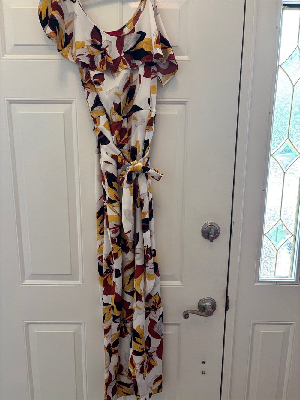 Jennifer Lopez White Floral Jumpsuit with Mustard & Burgundy Accents